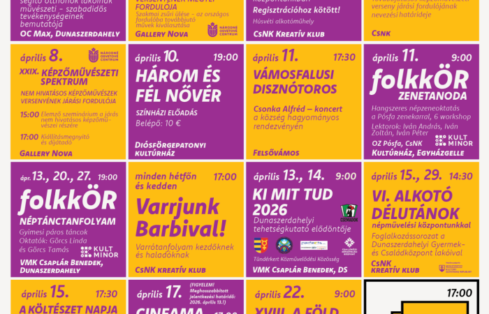 Gazdag és sokszínű programkínálattal várja az érdeklődőket áprilisban a Csallóközi Népművelési Központ
