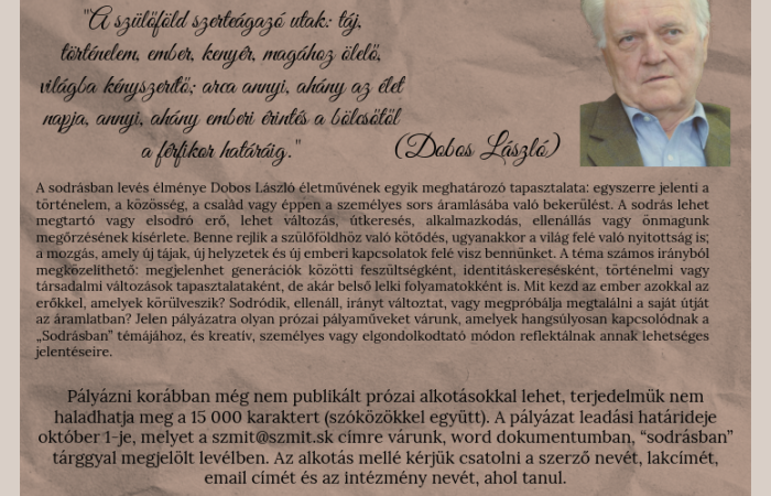 SODRÁSBAN – Dobos László prózaíró pályázatot hirdetnek szlovákiai magyar középiskolások számára