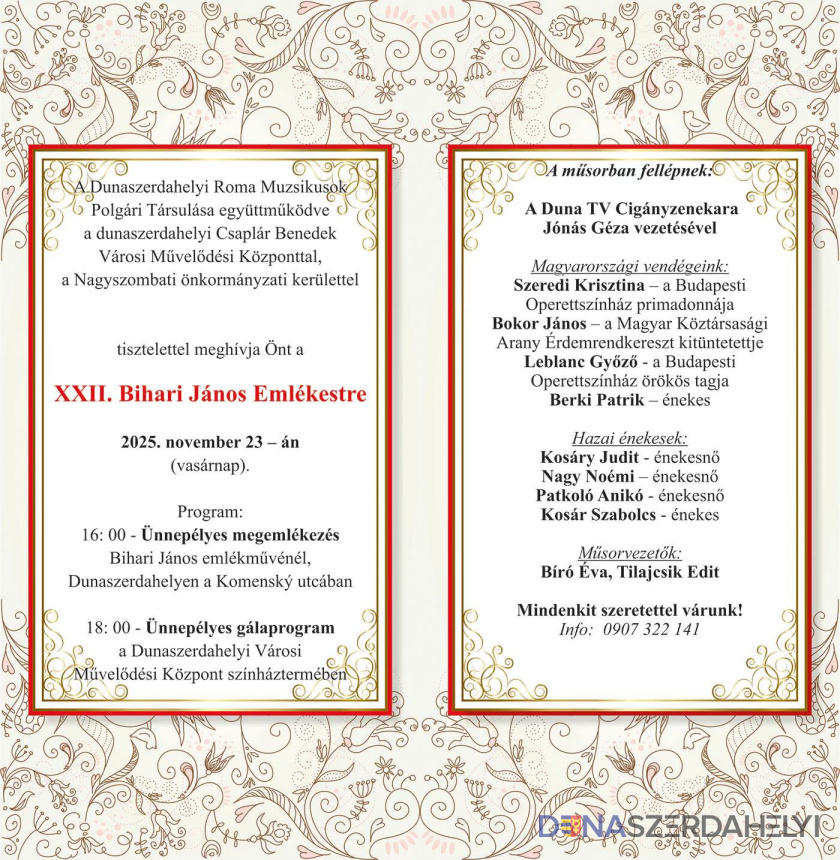 XXII. Bihari János Emlékest – ünnepi megemlékezés és gálaműsor a roma muzsika nagymesterének tiszteletére