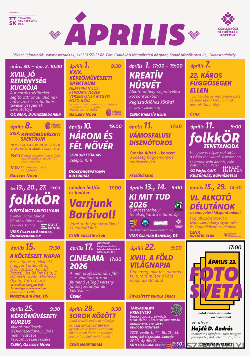 Gazdag és sokszínű programkínálattal várja az érdeklődőket áprilisban a Csallóközi Népművelési Központ