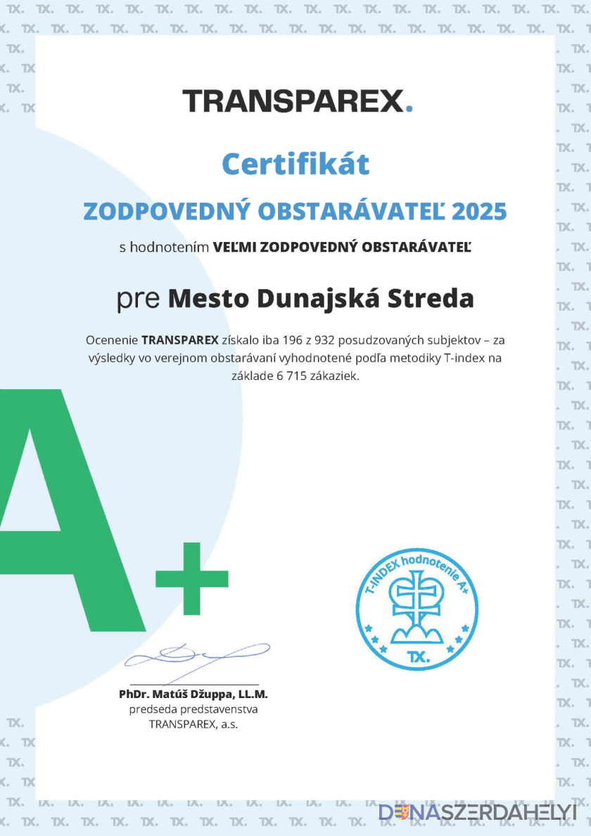 Felelős közbeszerző 2025 elismerést kapott Dunaszerdahely