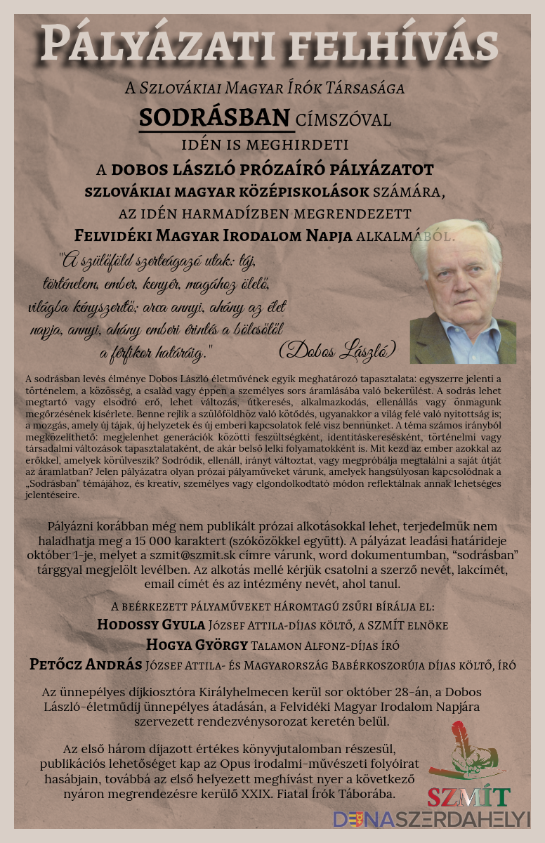 SODRÁSBAN – Dobos László prózaíró pályázatot hirdetnek szlovákiai magyar középiskolások számára